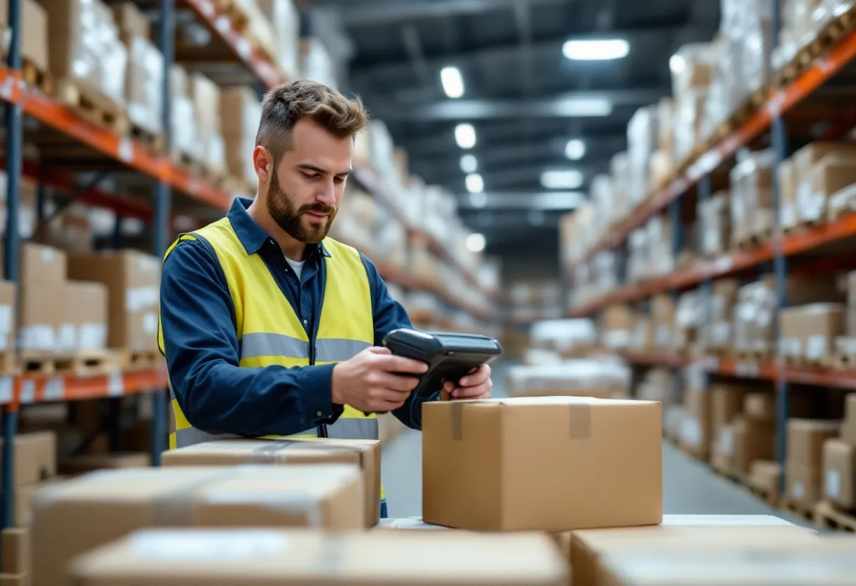 Een logistiek medewerker in een Vlaams distributiecentrum draagt een veiligheidshesje en gebruikt een scanner om een pakket te registreren, omringd door stellingen met dozen.