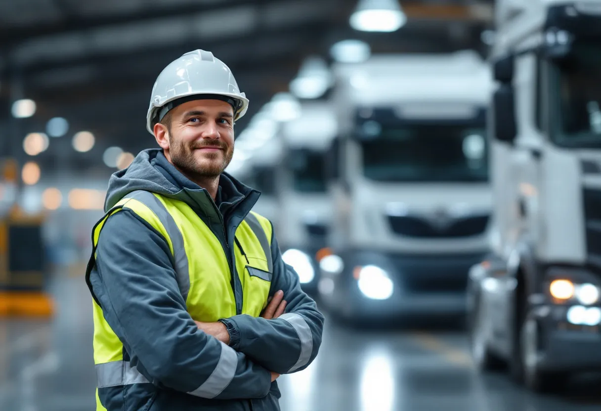Een glimlachende magazijnmedewerker in een veiligheidsvest staat voor een rij heftrucks in een logistiek distributiecentrum in Hasselt.