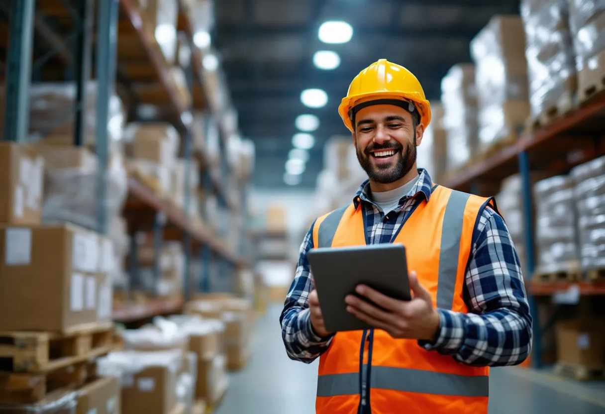 Een lachende magazijnmedewerker met een veiligheidsvest en een tablet tussen hoge stellingen met dozen in een helder verlicht distributiecentrum in Vlaanderen.