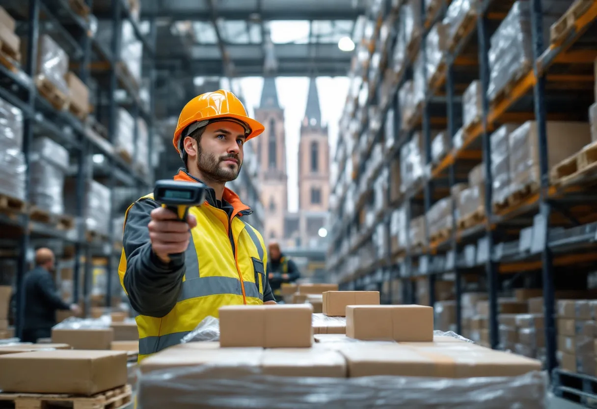 Een jonge magazijnmedewerker met een veiligheidshesje en een scanner controleert een pallet met dozen in een modern magazijn, terwijl op de achtergrond de torens van de Sint-Pieterskerk in Leuven zichtbaar zijn door het raam.