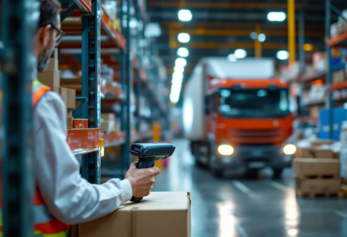 Een magazijnmedewerker in een groot distributiecentrum in Antwerpen, die met een scanner de barcode van een doos op een stellingkast controleert, terwijl op de achtergrond een heftruck voorbij rijdt.
