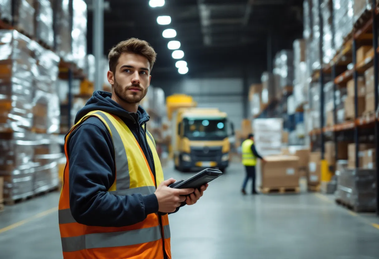 Een jonge student in een veiligheidsvest en met een scanner in de hand staat tussen stellingen vol dozen in een helder verlicht magazijn in Gent, met op de achtergrond een heftruck en een collega die een pallet verplaatst.